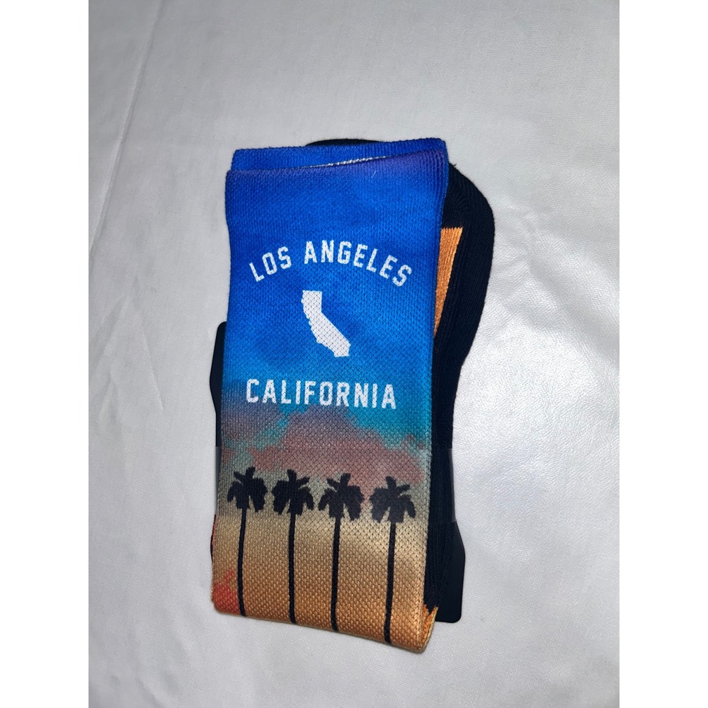 Rock Em LosAngeles California Sunset Palm Trees Crew Socks Blue Orange Mens L/XL